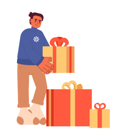 Latin American Man Collecting Presents Xmas 2 D Cartoon Character Hispanic Guy Holding Giftbox Isolated Vector Person White Background Winter Clothes Sweater Male Color Flat Spot Illustration Illustration