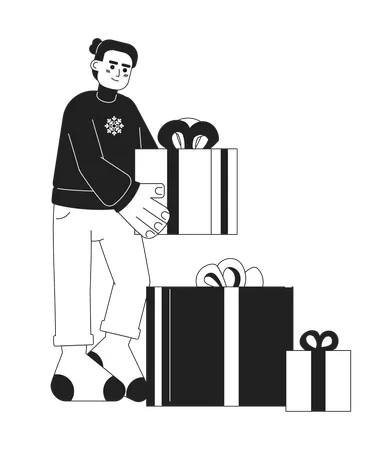 Latin American Man Collecting Presents Xmas Black And White 2 D Cartoon Character Hispanic Guy Giftbox Isolated Vector Outline Person Winter Clothes Sweater Male Monochromatic Flat Spot Illustration Illustration