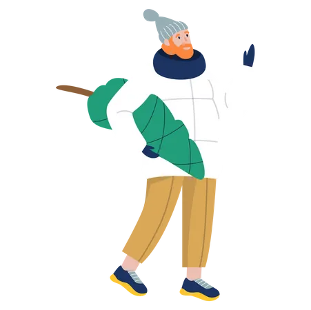 Isolated Vector Illustration Of People Wearing Warm Winter Clothes Happy Winter Activities Christmas Celebration Warmly Dressed Man With Christmas Tree Illustration