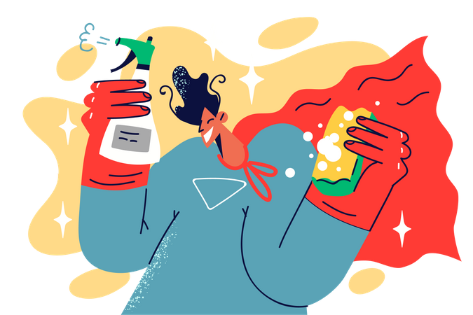 Man with cleaning spray and broom  Illustration