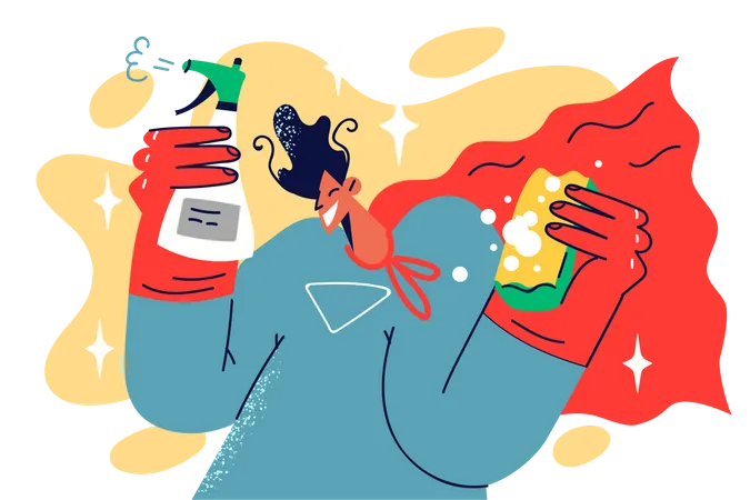 Man with cleaning spray and broom  Illustration