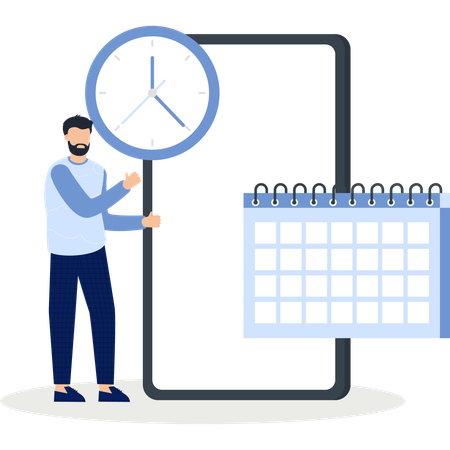 Man with Clock and Calendar on a Tablet Time Management  Illustration