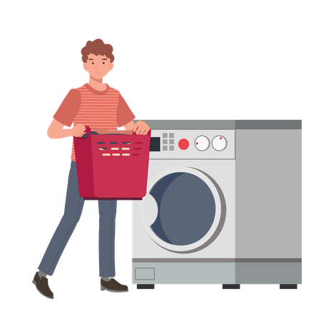 Man with cloth basket and doing laundry Illustration