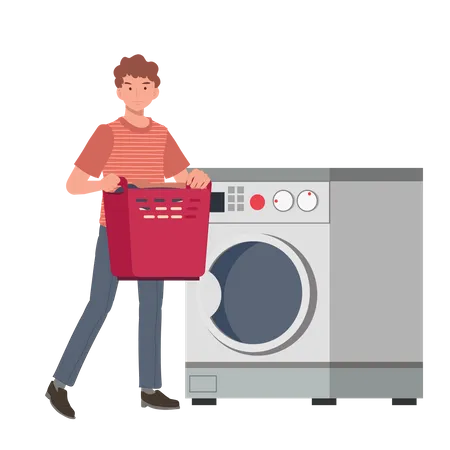 Man with cloth basket and doing laundry Illustration
