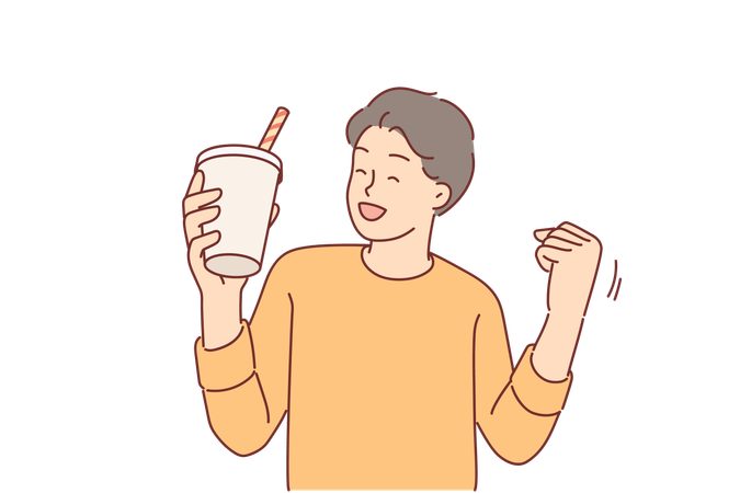 Man with cocktail in paper glass makes victory gesture  イラスト