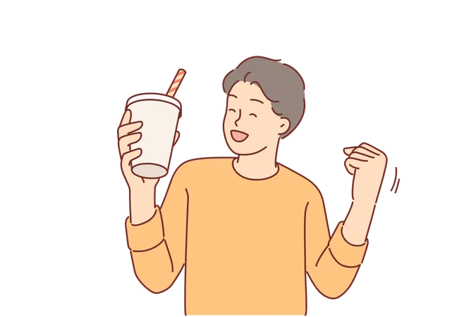 Man With Cocktail In Paper Glass Makes Victory Gesture Rejoicing At Opportunity To Quench Thirst With Lemonade Overjoyed Guy Holding Cocktail With Straw And Closing Eyes Waving Hand In Happiness Illustration