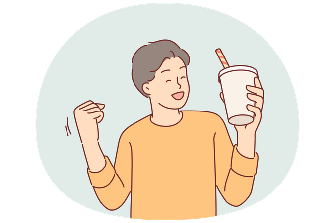 Man with cocktail in paper glass makes victory gesture  Illustration