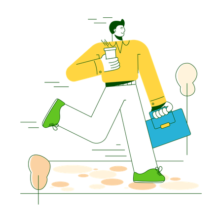 Man with coffee running to work  Illustration