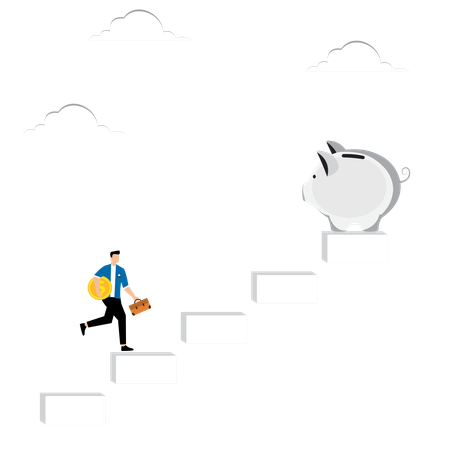 Man with coin climbs steps to piggy bank  Illustration