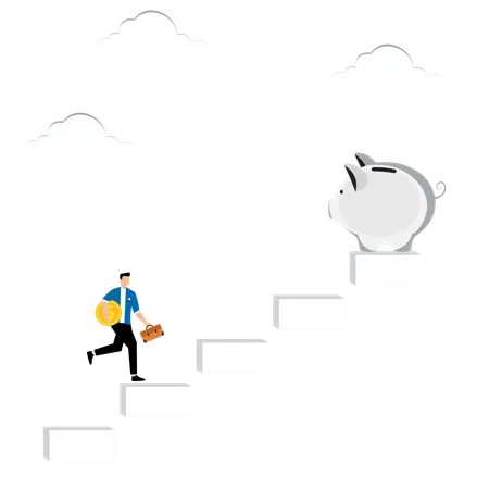 Man with coin climbs steps to piggy bank  Illustration