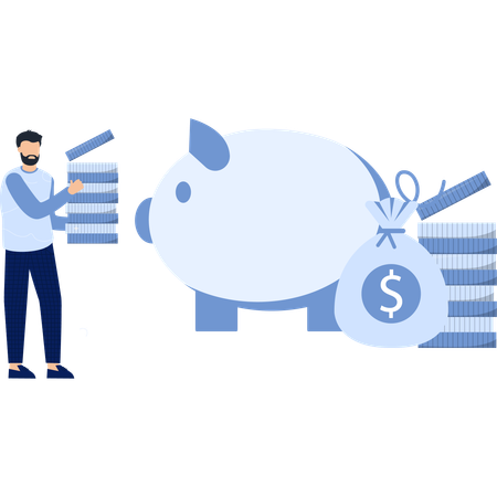 コイン、貯金箱、お金袋を持つ男性  イラスト