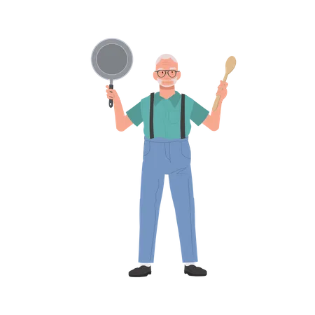 Joyful Grandpa Holding Pan Confident Senior Man With Cooking Skill Flat Vector Cartoon Illustration Illustration