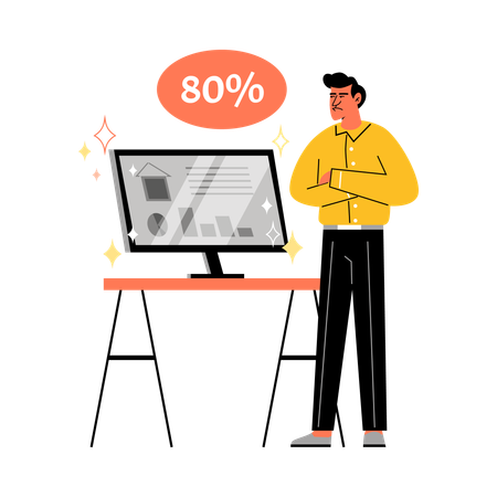 Man with crossed arms is eighty percent dissatisfied with performance of work  Illustration