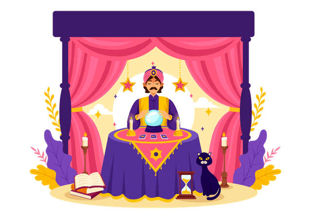 Man with crystal ball and Tarot cards  Illustration