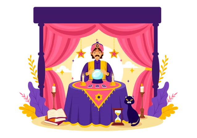 Man with crystal ball and Tarot cards  Illustration