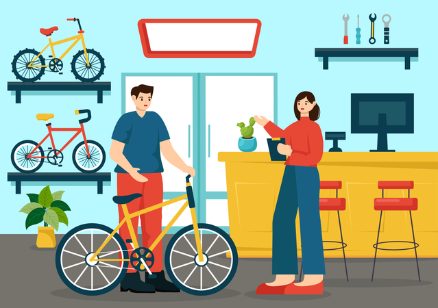 Man With Cycle At Workshop  Illustration