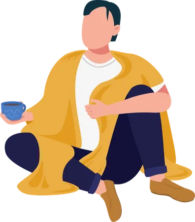 Man With Blanket Semi Flat Color Vector Character Sitting Figure Full Body Person On White Comfortable Life Isolated Modern Cartoon Style Illustration For Graphic Design And Animation Illustration