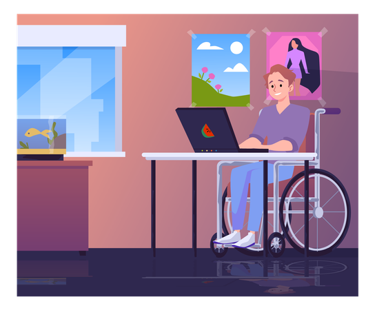 Man with disability in wheelchair working at table  Illustration