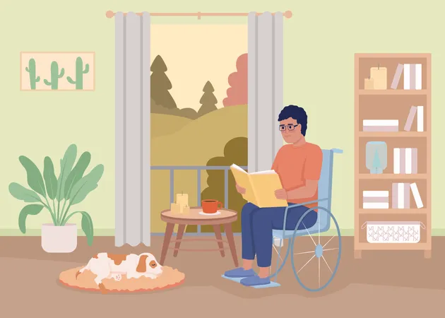 Man with disability reading book Illustration