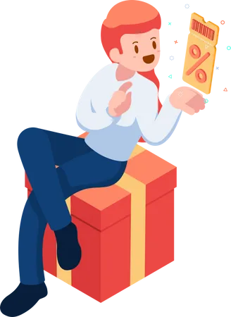 Flat 3 D Isometric Woman Sitting On Gift Boxes And Holding Discount Coupon Marketing And Sales Promotion Concept Illustration