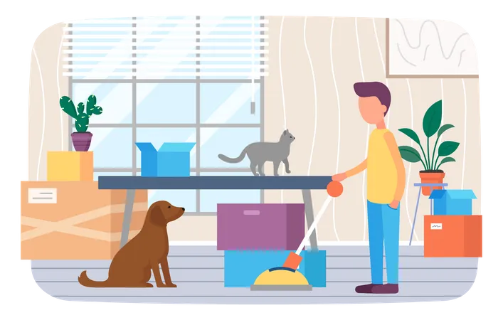 Man With Dog Moving To New House Or Office Presses Lever Puts His Things In Cardboard Boxes Removal Change Of Place Of Residence Moving To Apartment Relocation Person Packs Things To Shipping Illustration