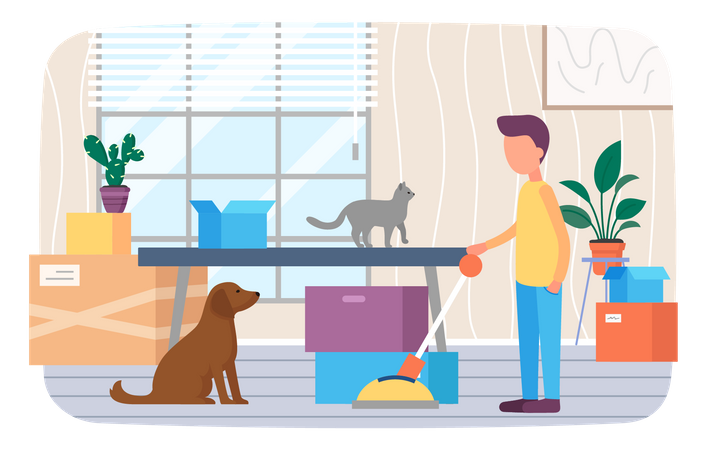 Man with dog moving to new house  Illustration