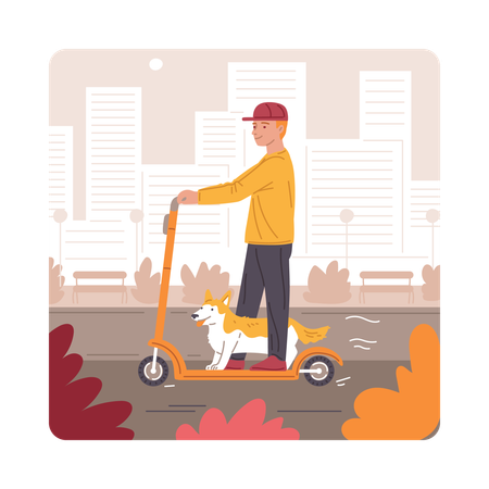 Man with dog riding scooter  Illustration