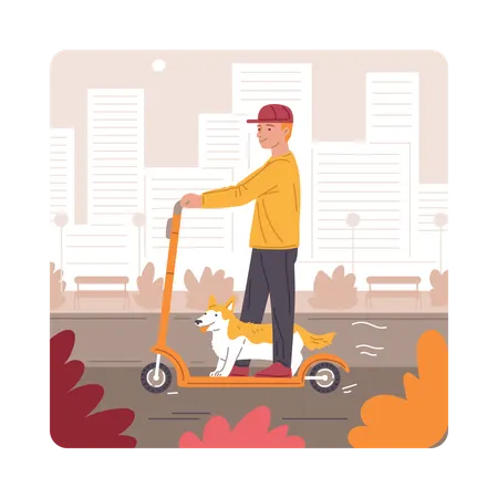 Man with dog riding scooter  Illustration