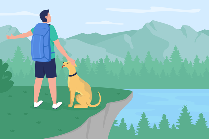 Man with dog standing at mountain peak  Illustration