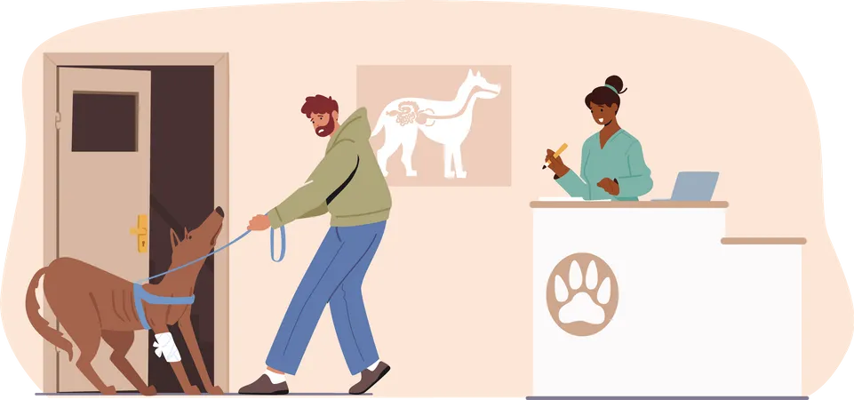 Man with Dog Visiting Veterinary Clinic  Illustration