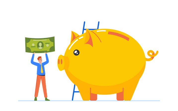 Man With Dollar Banknote At Huge Piggy Bank Illustration