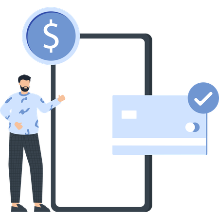Man with Dollar Sign Smartphone Credit Card and Check Mark  Illustration