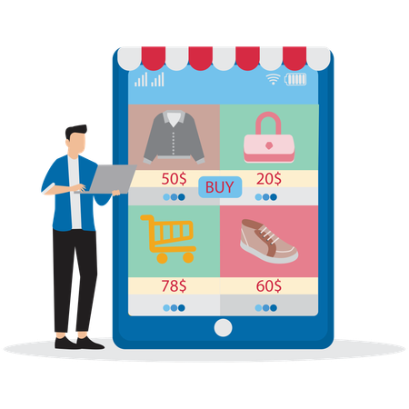 Man with E-commerce Shopping Cart  Illustration