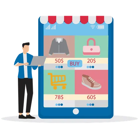 Man with E-commerce Shopping Cart  Illustration
