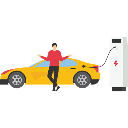 Man with electric car at charging pump  Illustration
