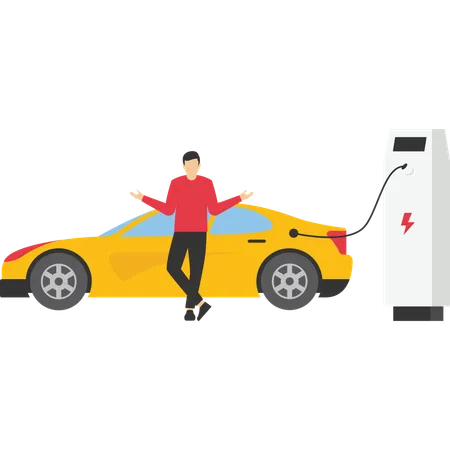 Man with electric car at charging pump  Illustration