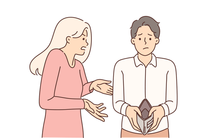 Man with empty wallet and flustered young woman asking what to do  Illustration