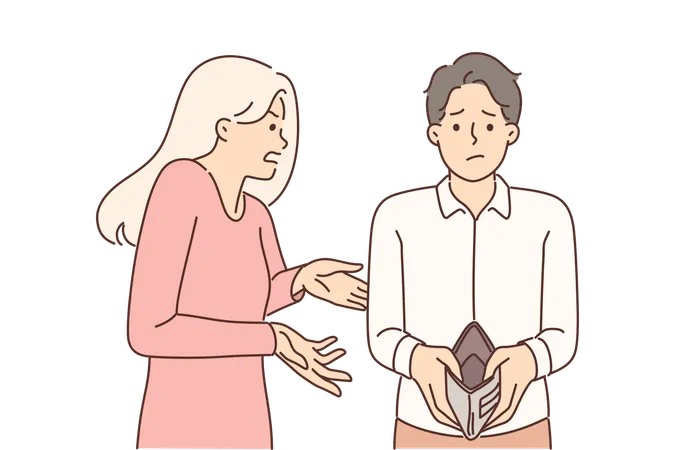 Bankrupt Couple Of Man With Empty Wallet And Flustered Woman Asking What To Do Quarrel Between Wife Reproaches Bankrupt Husband Who Lost All Money Due To Lack Of Work Or Problems In Business Illustration