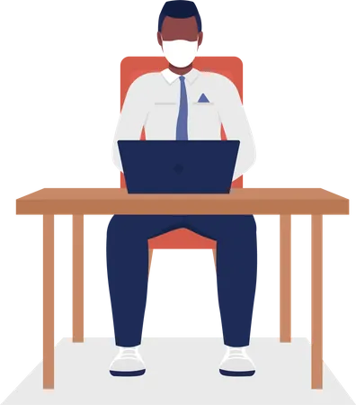 Worker With Face Mask Semi Flat Color Vector Character Sitting Figure Full Body Person On White After Covid Isolated Modern Cartoon Style Illustration For Graphic Design And Animation Illustration