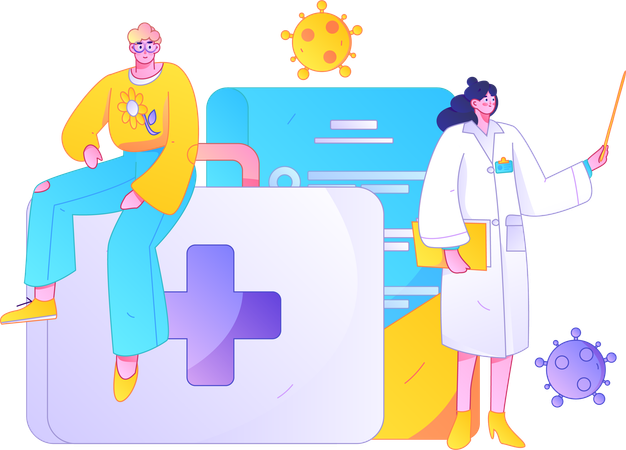 Man with female doctor showing corona report  Illustration