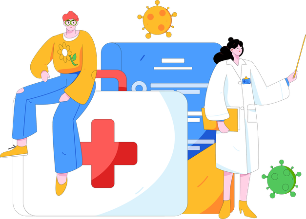 Man with female doctor showing corona report  Illustration