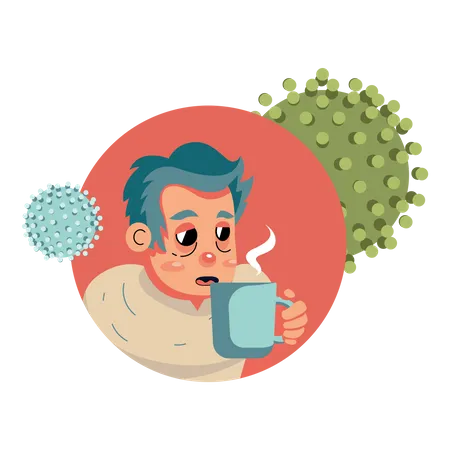Man with fever drinks medicine in a mug Illustration