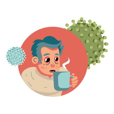 Man with fever drinks medicine in a mug  Illustration