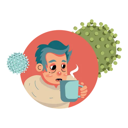 Man with fever drinks medicine in a mug  Illustration