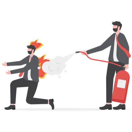 Man with fire extinguisher try to extinguish burning fire on human head  Illustration