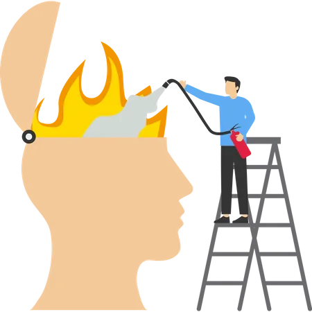 Man with fire extinguisher trying to put out fire burning in human head  Illustration