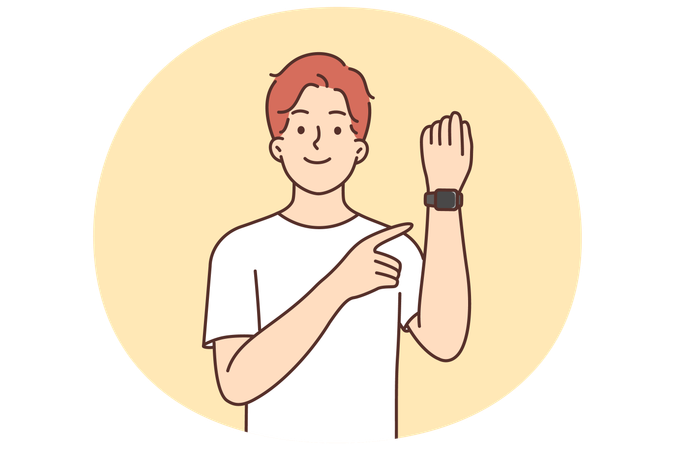 Man with fitness bracelet on hand points finger at tracker with gps function  Illustration
