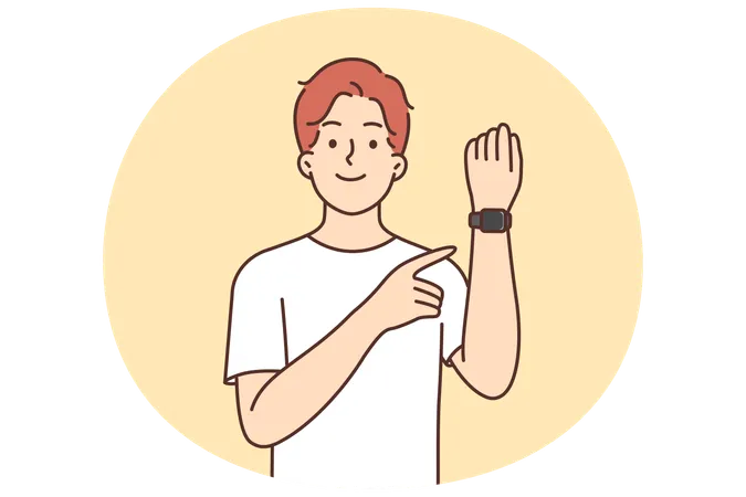 Man with fitness bracelet on hand points finger at tracker with gps function  Illustration