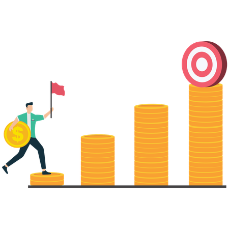 Man with flag climbing steps of coins to reach financial target  Illustration