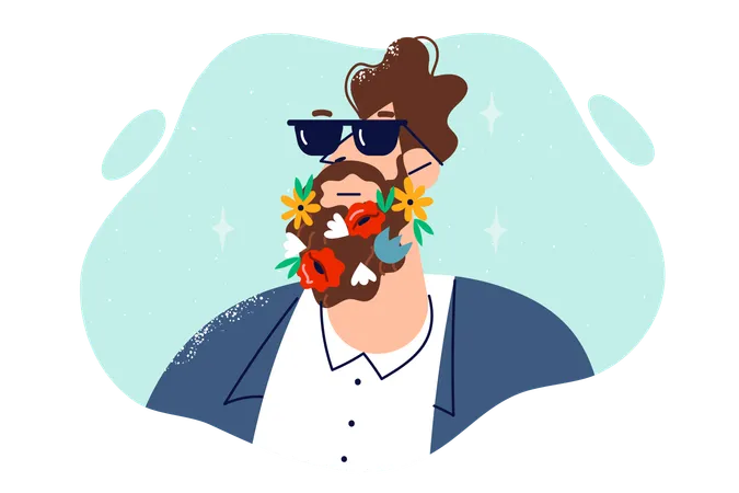 Man With Flowers In Beard Works As Florist Or Uses Beard Shampoo With Scent Of Wild Flowers Young Hipster Guy In Sunglasses Invites You To Buy Good Mustache And Face Care Product Illustration